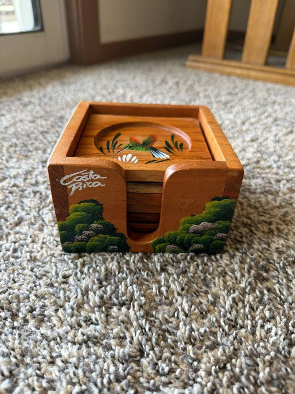 Vintage Hand Painted Costa Rica Wooden Coaster Set with Holder - Picture 2 of 4